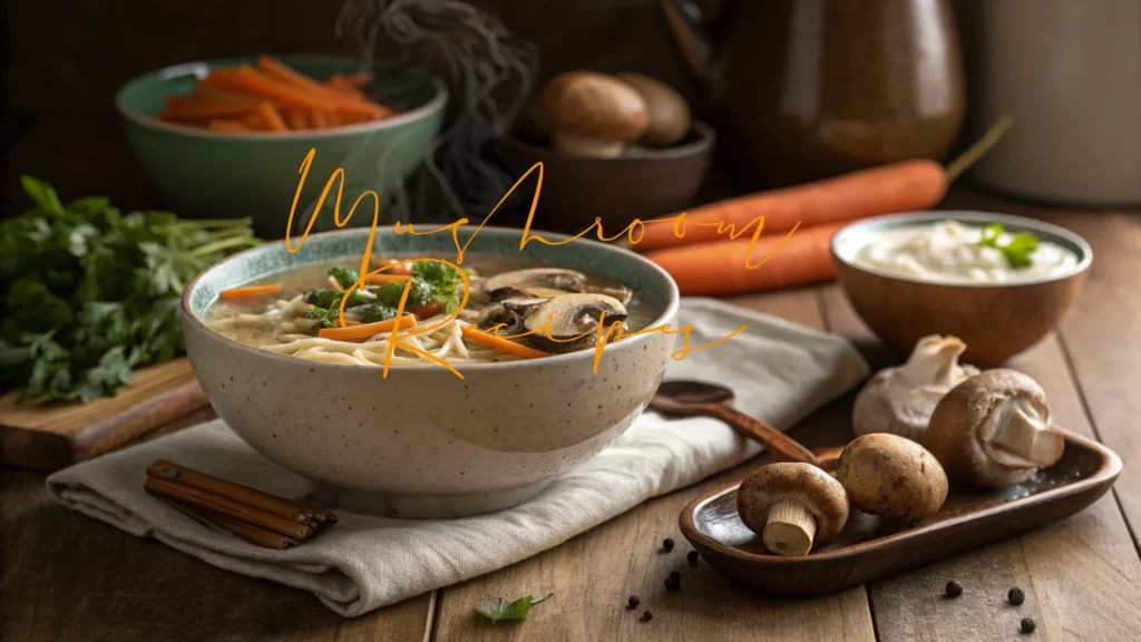 A rustic bowl of mushroom noodle soup garnished with fresh herbs and sliced carrots, surrounded by raw mushrooms, carrots, parsley, and a bowl of cream on a wooden table. The words “Mushroom Recipe” are written in elegant orange script across the image.