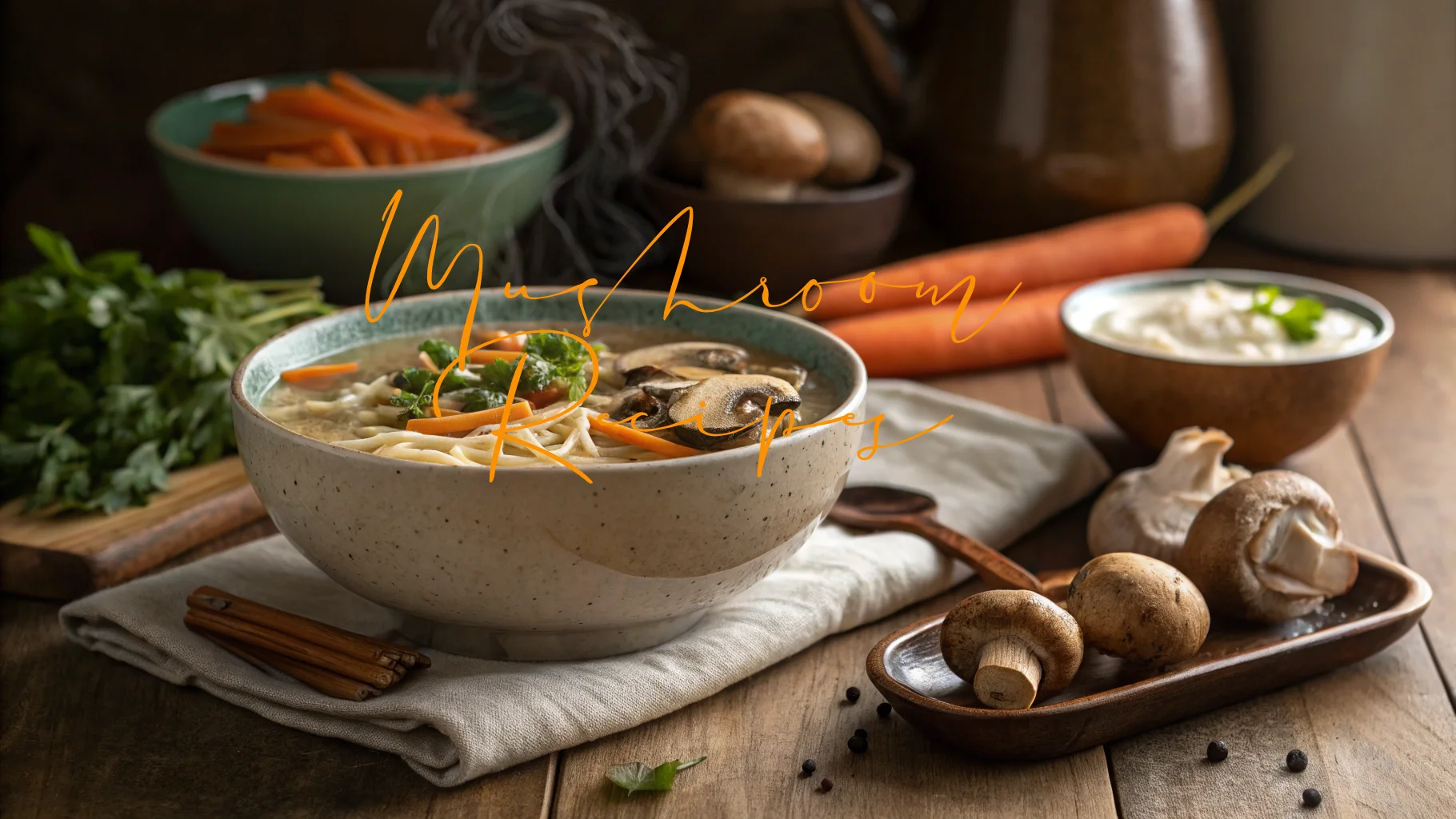 A rustic bowl of mushroom noodle soup garnished with fresh herbs and sliced carrots, surrounded by raw mushrooms, carrots, parsley, and a bowl of cream on a wooden table. The words “Mushroom Recipe” are written in elegant orange script across the image.