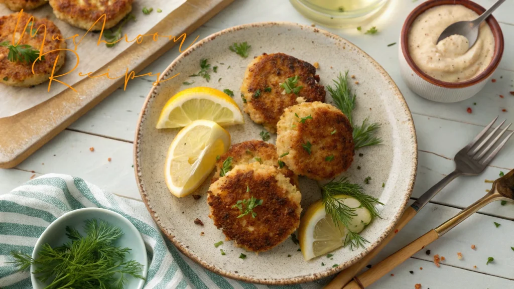 A plate of golden-brown vegan “crab” cakes garnished with fresh dill and lemon wedges, served on a rustic ceramic plate alongside a creamy dipping sauce and cutlery on a light wooden table.