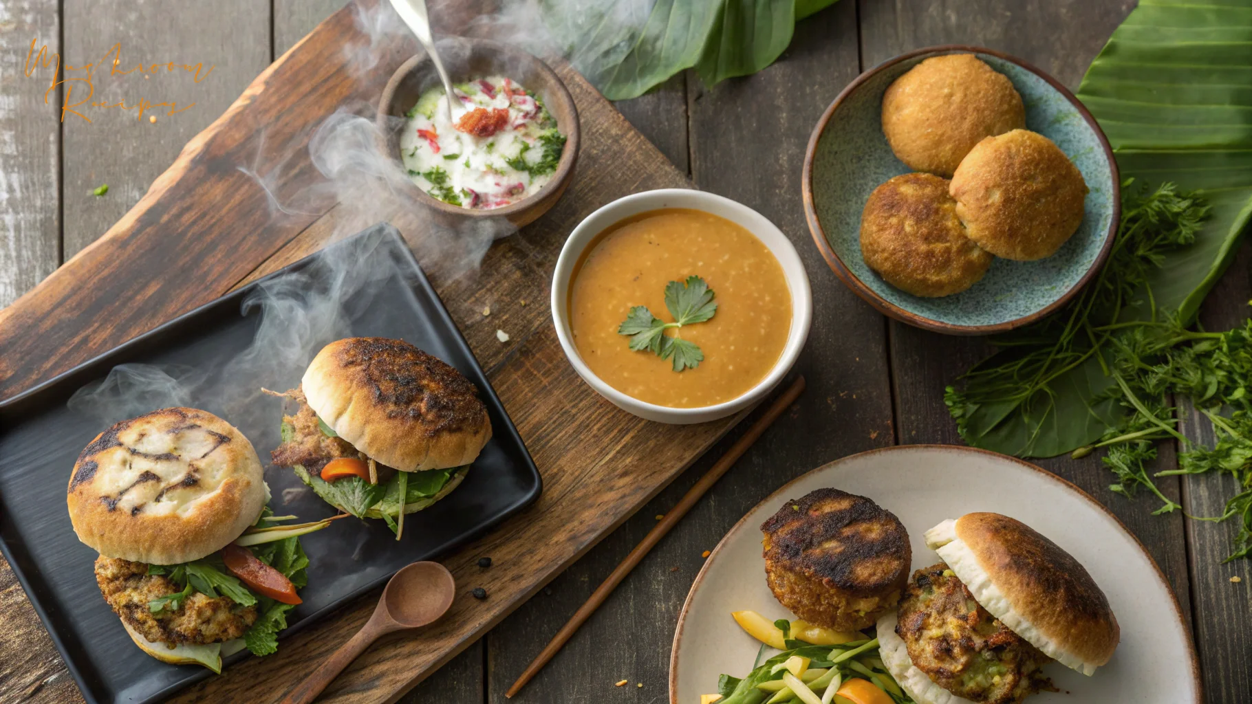 A rustic flat-lay display of vegan Lion’s Mane mushroom sliders served with dal soup, chutney, and fresh herbs on a wooden table.