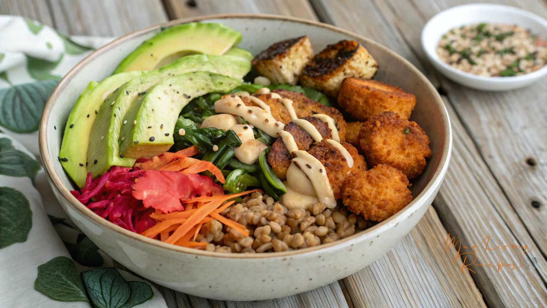 A colorful vegan grain bowl topped with crispy lion’s mane mushroom bites, avocado slices, shredded carrots, pickled vegetables, seaweed salad, and tahini sauce, served in a ceramic bowl on a rustic wooden surface.