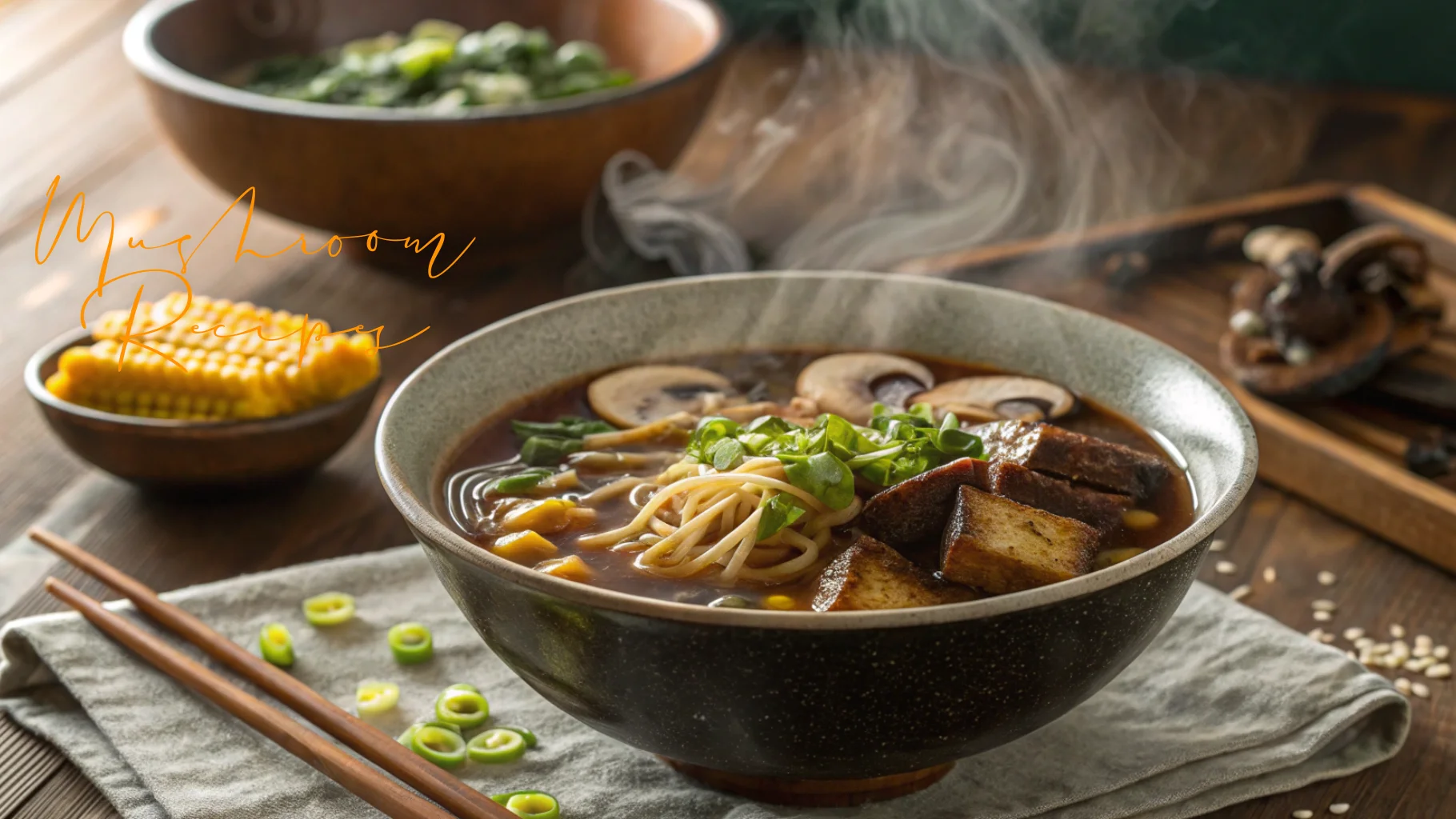A steaming bowl of vegan ramen soup garnished with shiitake mushrooms, tofu cubes, sweet corn, spinach, green onions, and noodles, served on a linen cloth with chopsticks and a small bowl of corn in the background.