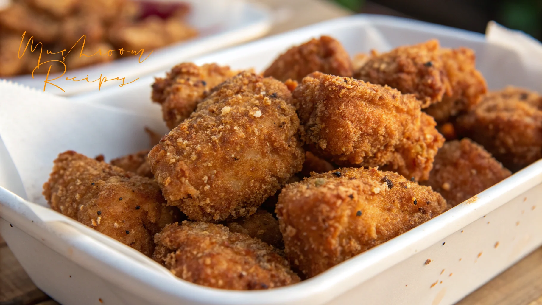 Close-up of golden, crispy air-fried Lion’s Mane mushroom bites in a white serving tray lined with parchment paper.