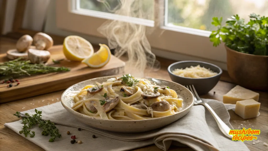 A steaming bowl of creamy mushroom fettuccine pasta garnished with fresh herbs, served on a rustic ceramic plate with a fork on the side. Surrounding the dish are fresh ingredients including whole mushrooms, lemon wedges, grated parmesan cheese, herbs, and peppercorns, all arranged on a wooden table by a bright window. The words “mushroom recipes” are written in the bottom right corner in yellow and red stylized text.