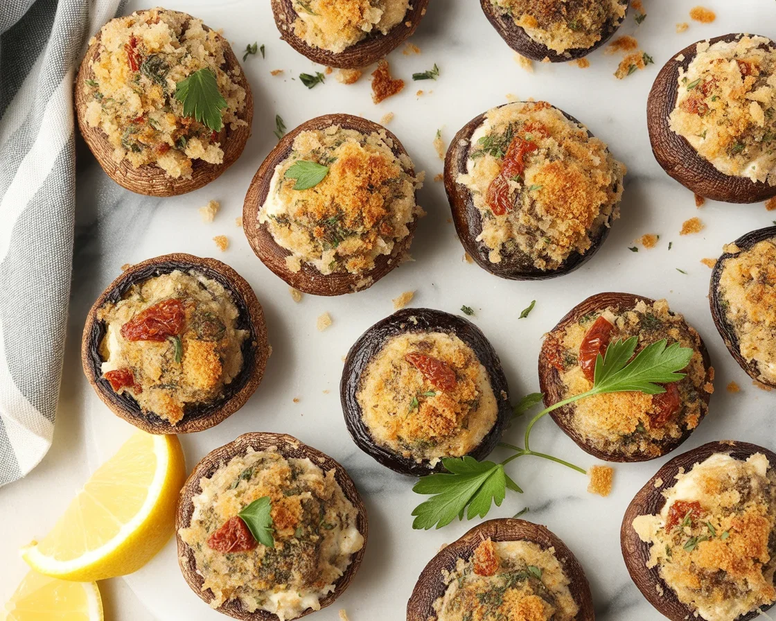 Plate of savory stuffed mushrooms filled with cream cheese and herbs.