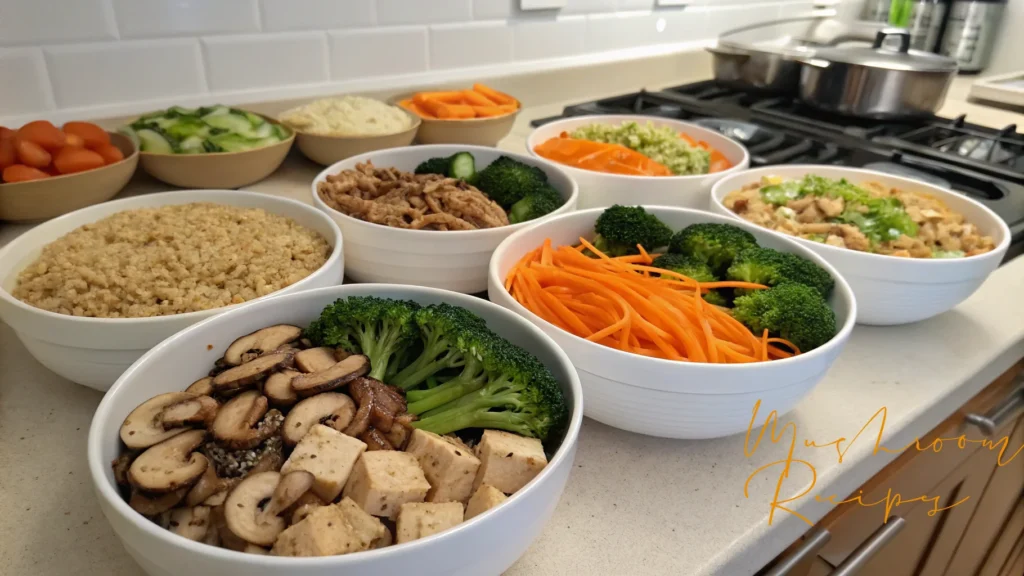 Assorted plant-based meal prep ingredients in bowls, including broccoli, carrots, tofu, mushrooms, shredded soy protein, brown rice, cucumber, grape tomatoes, and cauliflower rice, arranged on a kitchen counter near a stove.