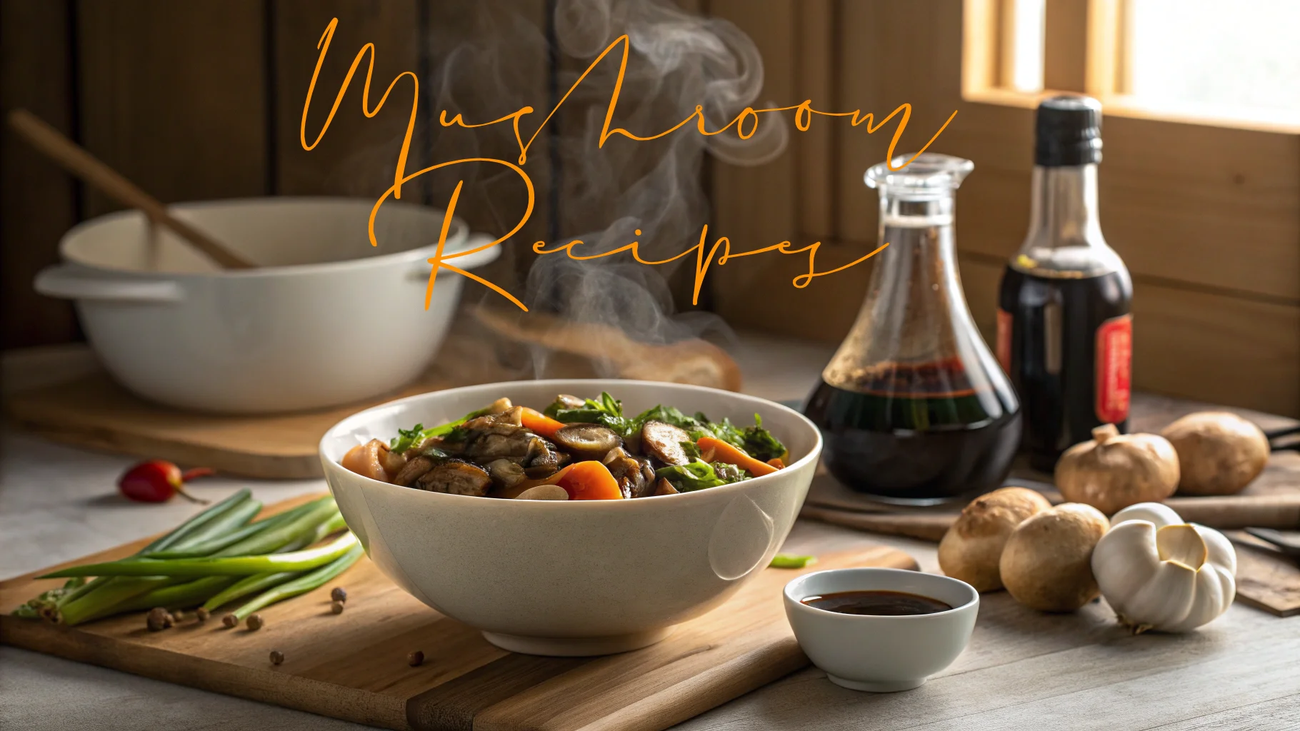 A steaming bowl of mushroom and vegetable stir-fry sits on a wooden table, surrounded by soy sauce bottles, garlic, fresh scallions, and raw mushrooms, with a rustic kitchen background. Handwritten-style text reading "Mushroom Recipes" overlays the image.