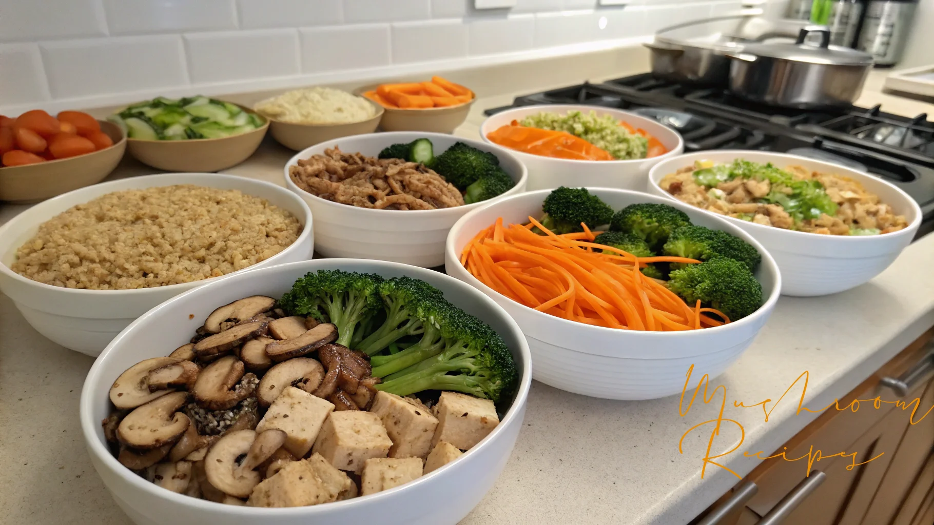 Assorted plant-based meal prep ingredients in bowls, including broccoli, carrots, tofu, mushrooms, shredded soy protein, brown rice, cucumber, grape tomatoes, and cauliflower rice, arranged on a kitchen counter near a stove.
