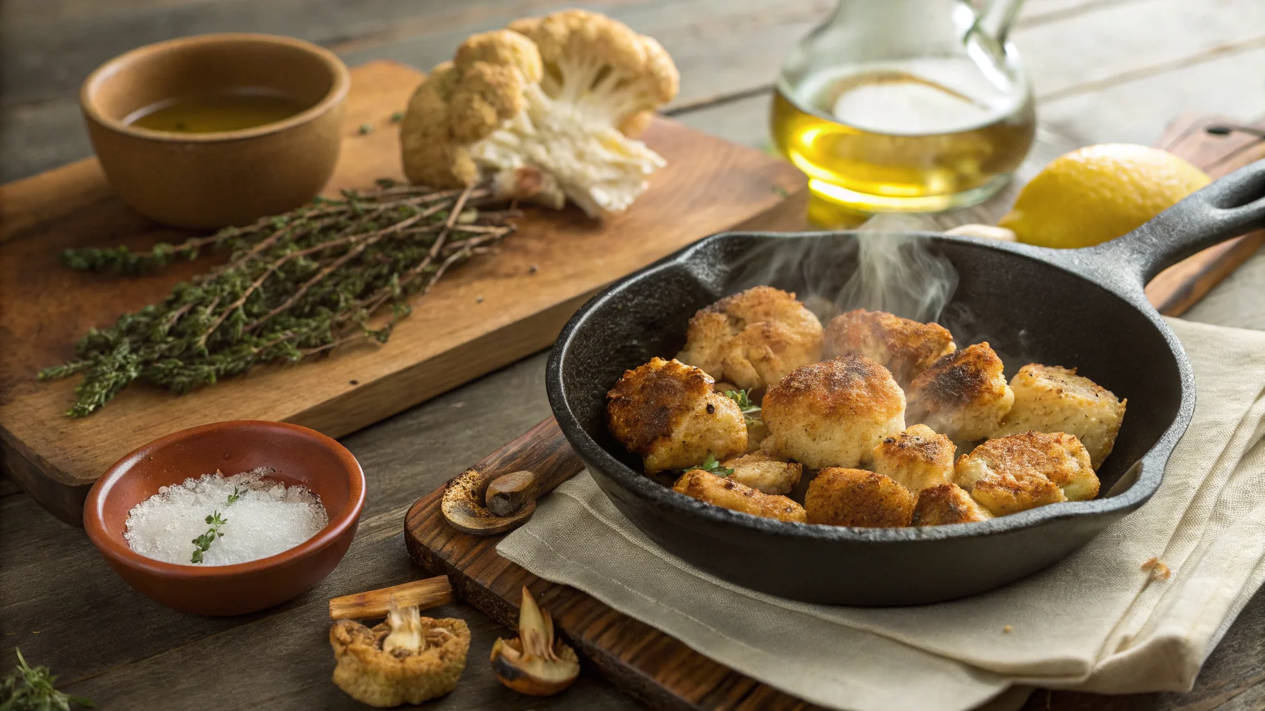 Golden brown, pan-fried pom pom mushrooms in a cast iron skillet, garnished with fresh herbs, with cauliflower, olive oil, salt, lemon, and thyme on a rustic wooden table.