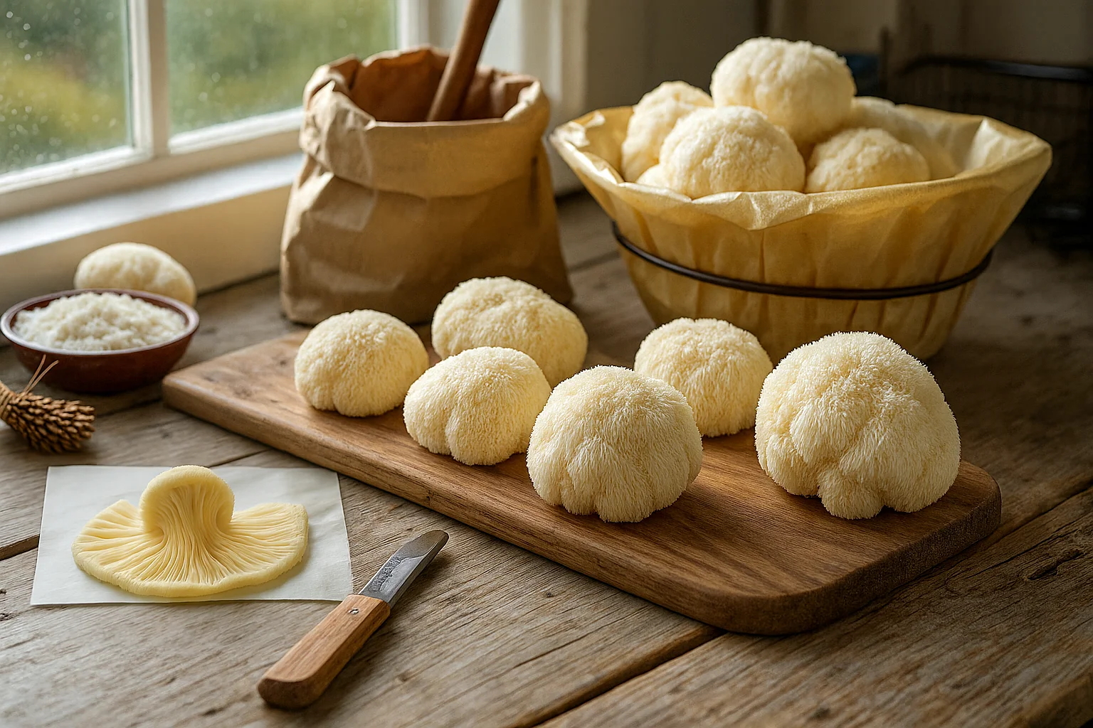 Fresh pom pom mushrooms (Lion’s Mane) arranged on a wooden cutting board and in a basket, with a small knife, rice, and a paper bag in the background on a rustic wooden table by a window.