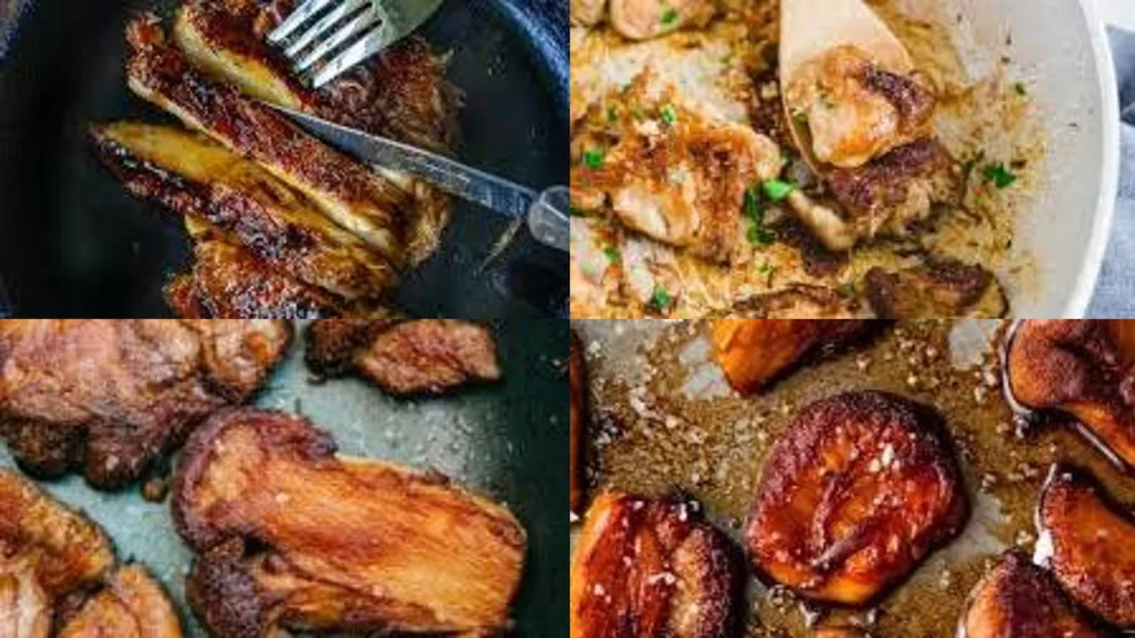 A collage of four close-up images showing golden-brown cooked mushrooms in various pans and lighting. The mushrooms have a rich caramelized texture and appear juicy, resembling grilled or seared meat.