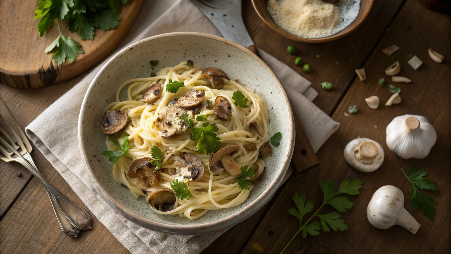 A bowl of creamy garlic pasta topped with sautéed mushrooms and fresh parsley, served on a rustic wooden table with garlic cloves, raw mushrooms, parsley leaves, and a bowl of grated cheese nearby.