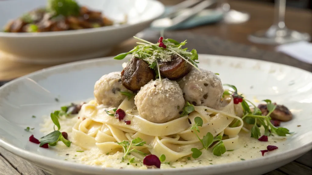 A gourmet pasta dish featuring creamy fettuccine topped with several mushroom-infused meatballs, sautéed mushrooms, microgreens, and a sprinkle of Parmesan cheese, served on a white plate.