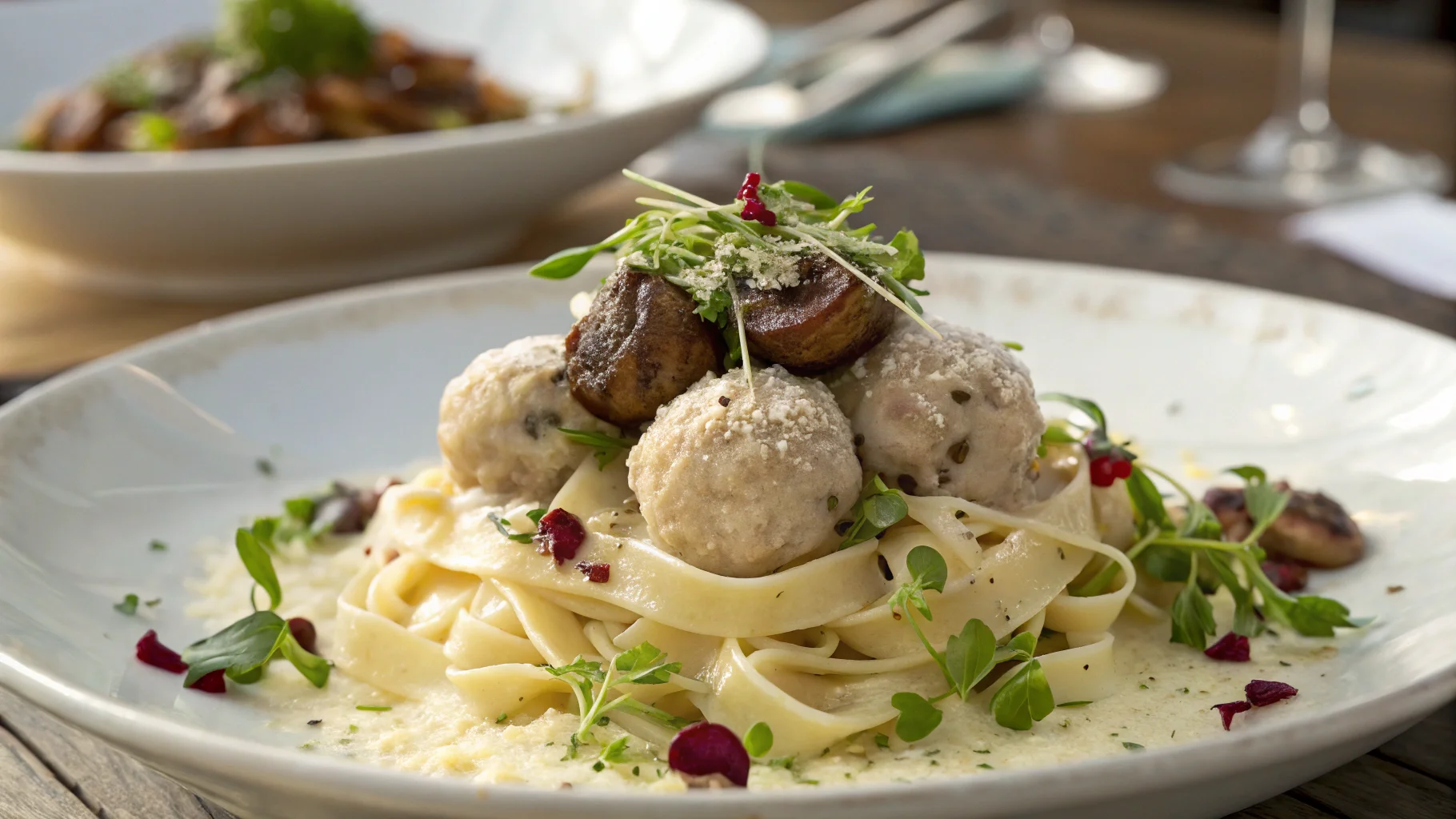 A gourmet pasta dish featuring creamy fettuccine topped with several mushroom-infused meatballs, sautéed mushrooms, microgreens, and a sprinkle of Parmesan cheese, served on a white plate.