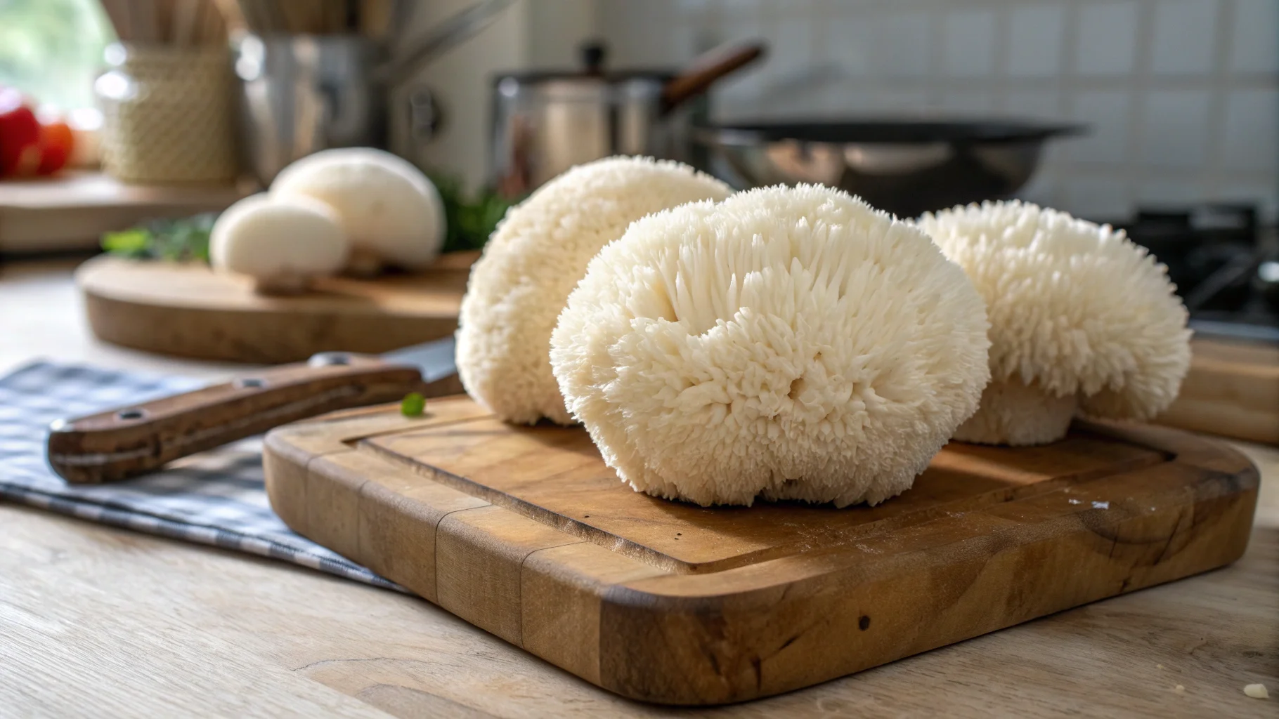 Three fresh Lion’s Mane mushrooms (Hericium erinaceus) on a wooden cutting board in a kitchen setting, with kitchen utensils and another mushroom in the blurred background.