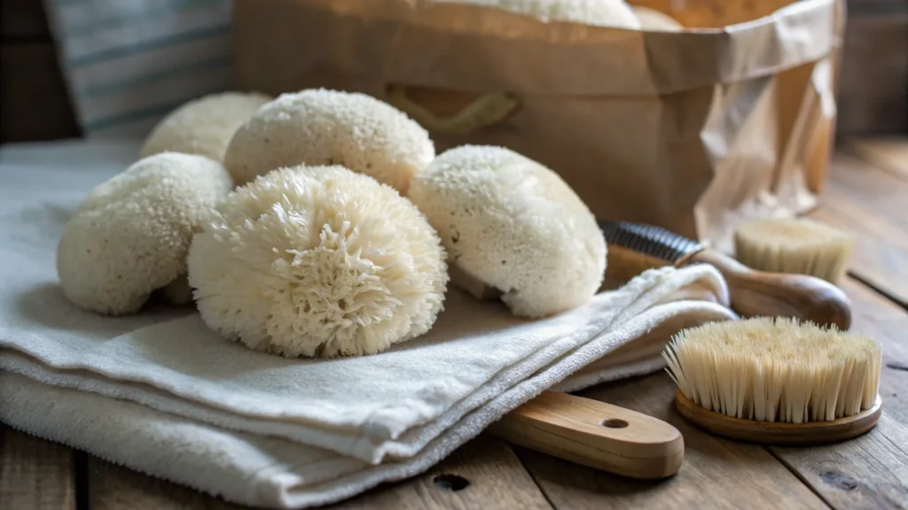 Fresh pom pom mushrooms (Hericium erinaceus) displayed on a folded white cloth next to natural fiber brushes and a paper bag, on a rustic wooden table.