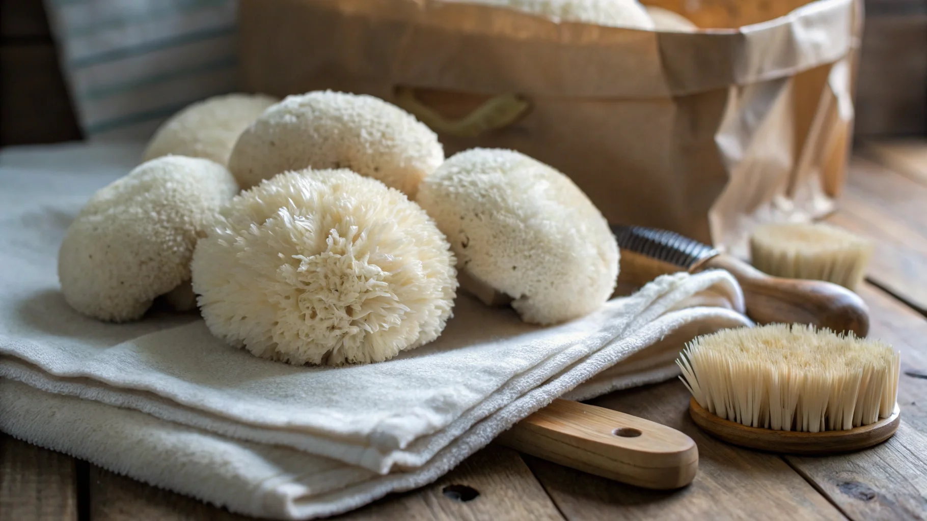 Fresh pom pom mushrooms (Hericium erinaceus) displayed on a folded white cloth next to natural fiber brushes and a paper bag, on a rustic wooden table.