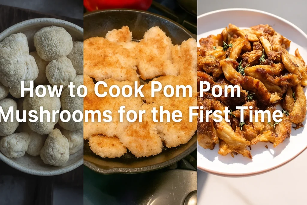 Three stages of cooking pom pom mushrooms: raw whole mushrooms in a bowl, breaded mushrooms frying in a skillet, and golden-brown cooked mushrooms on a plate with herbs.