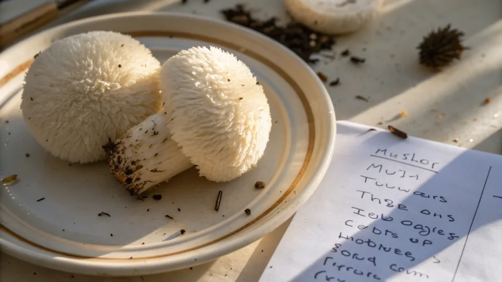 Two white, shaggy mushrooms resembling lion’s mane (Hericium erinaceus) rest on a beige-rimmed plate with soil specks around them. Beside the plate, there’s a handwritten list titled “Mushor,” containing various illegible or cryptic words, possibly mushroom-related notes or identification attempts. The scene is lit warmly by sunlight.