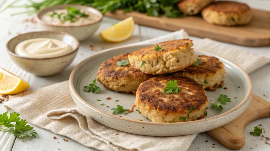 Three golden-brown vegan crab cakes are served on a ceramic plate, garnished with fresh parsley. A small bowl of creamy sauce, lemon wedges, and fresh herbs are placed nearby on a light-colored rustic table setting.