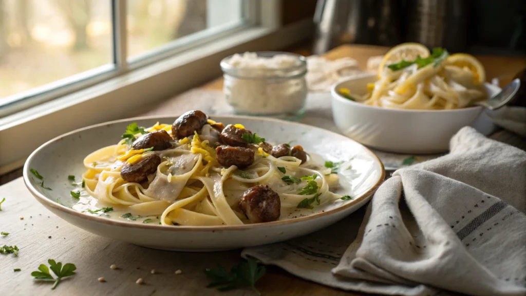 A plate of fettuccine pasta topped with sautéed pom pom mushrooms, garnished with lemon zest and parsley, served by a sunlit window alongside a bowl of the same dish.
