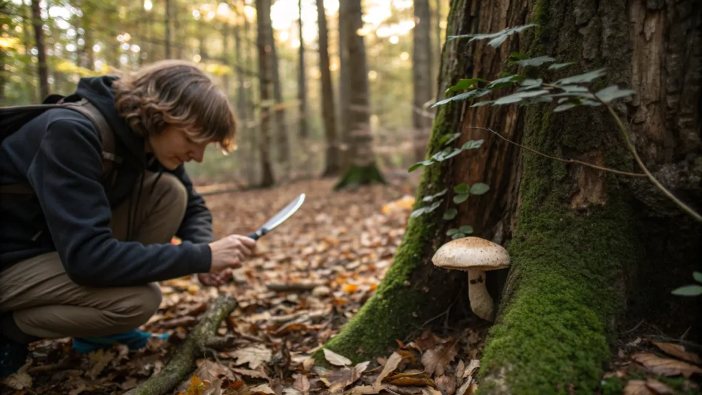 A person crouches in a forest beside a mossy tree trunk, preparing to harvest a wild mushroom with a knife. The forest floor is covered in autumn leaves.