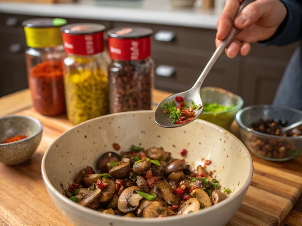 A person is adding a spoonful of chopped herbs and pomegranate seeds to a bowl of roasted mushrooms on a wooden kitchen counter.

