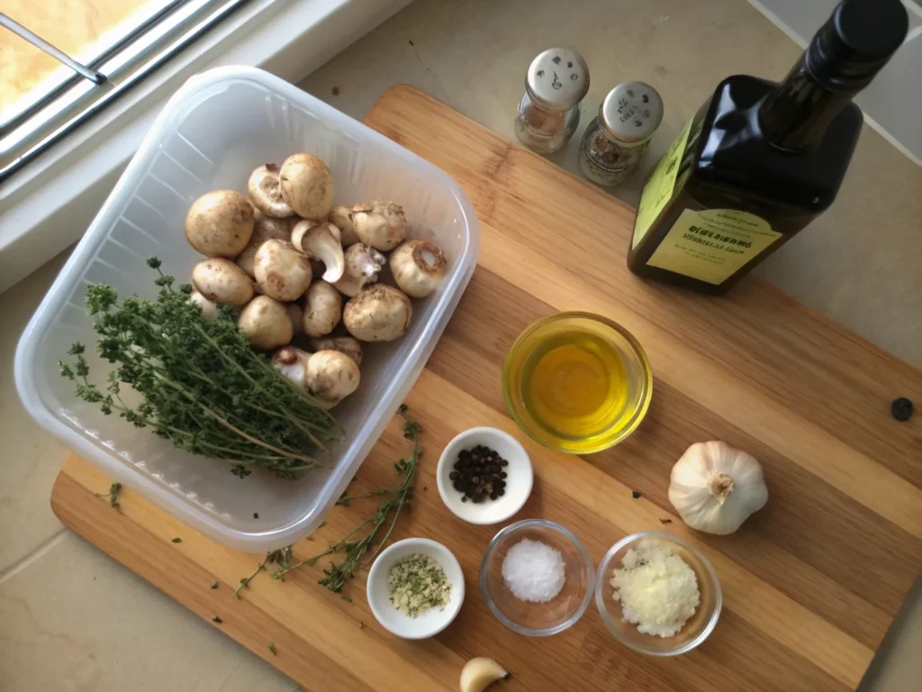 Ingredients for roasted mushrooms laid out on a wooden cutting board, including fresh mushrooms, thyme, garlic, olive oil, peppercorns, salt, and grated cheese.

