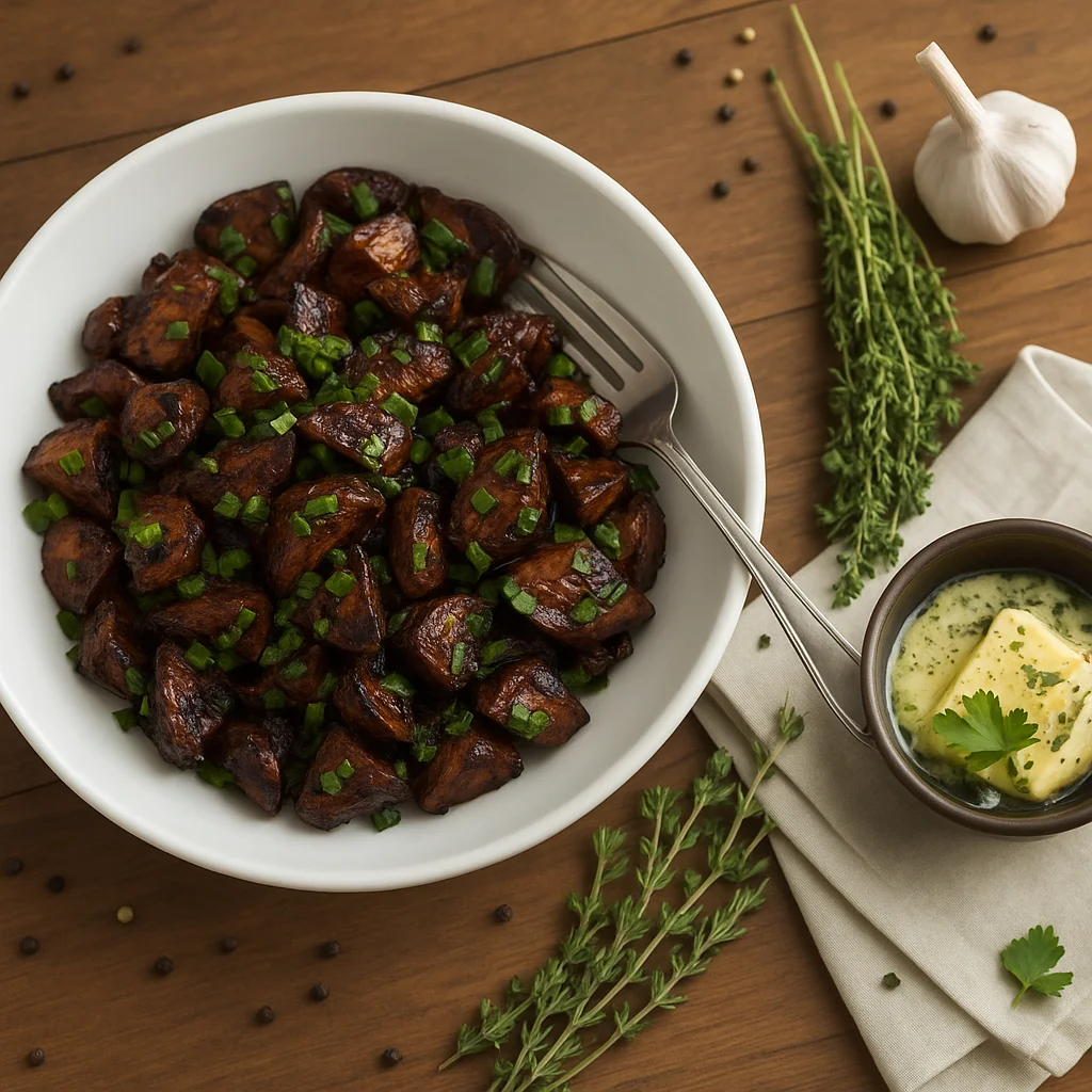 A white bowl filled with roasted mushrooms garnished with chopped herbs, placed on a wooden table next to fresh thyme, garlic, and a small bowl of herbed butter.