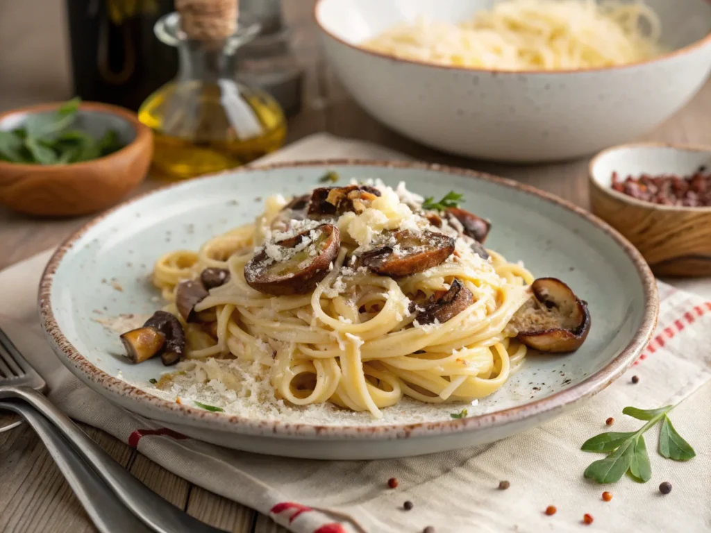 A plate of creamy spaghetti topped with sautéed mushrooms and grated Parmesan cheese, served on a rustic ceramic plate with fresh herbs and seasoning on a linen napkin.

