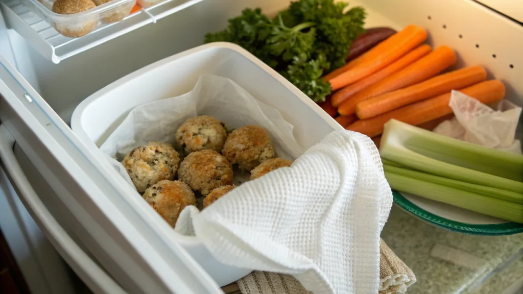 A refrigerator drawer containing a white container lined with parchment and a towel, filled with breadcrumb-coated mushroom balls. Fresh vegetables including carrots, celery stalks, and parsley are stored beside it.
