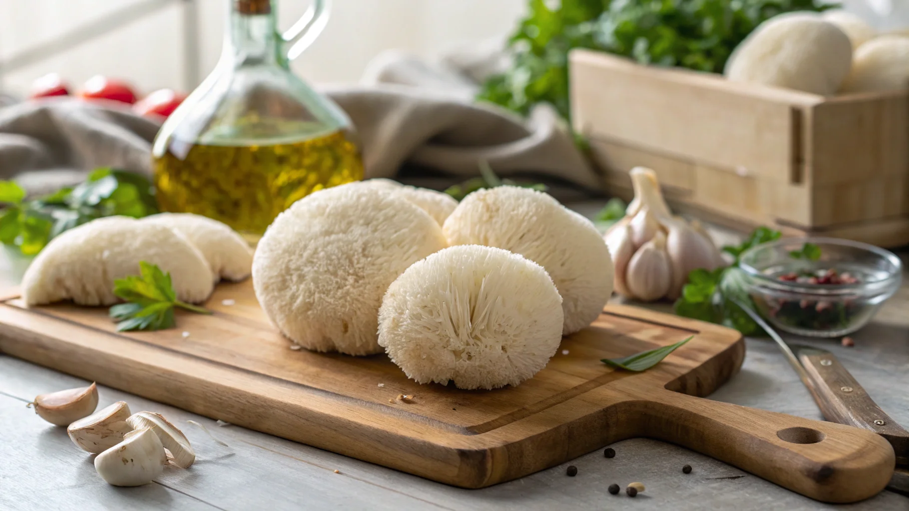 Fresh lion's mane mushrooms on a wooden cutting board, surrounded by garlic cloves, herbs, peppercorns, and a bottle of olive oil in a bright kitchen setting.