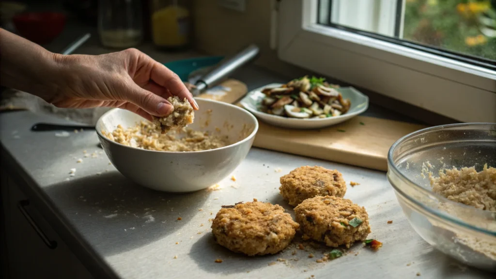 A hand forming vegan crab cakes from a mixture in a white bowl on a kitchen countertop, with formed patties placed nearby and a plate of chopped mushrooms in the background.