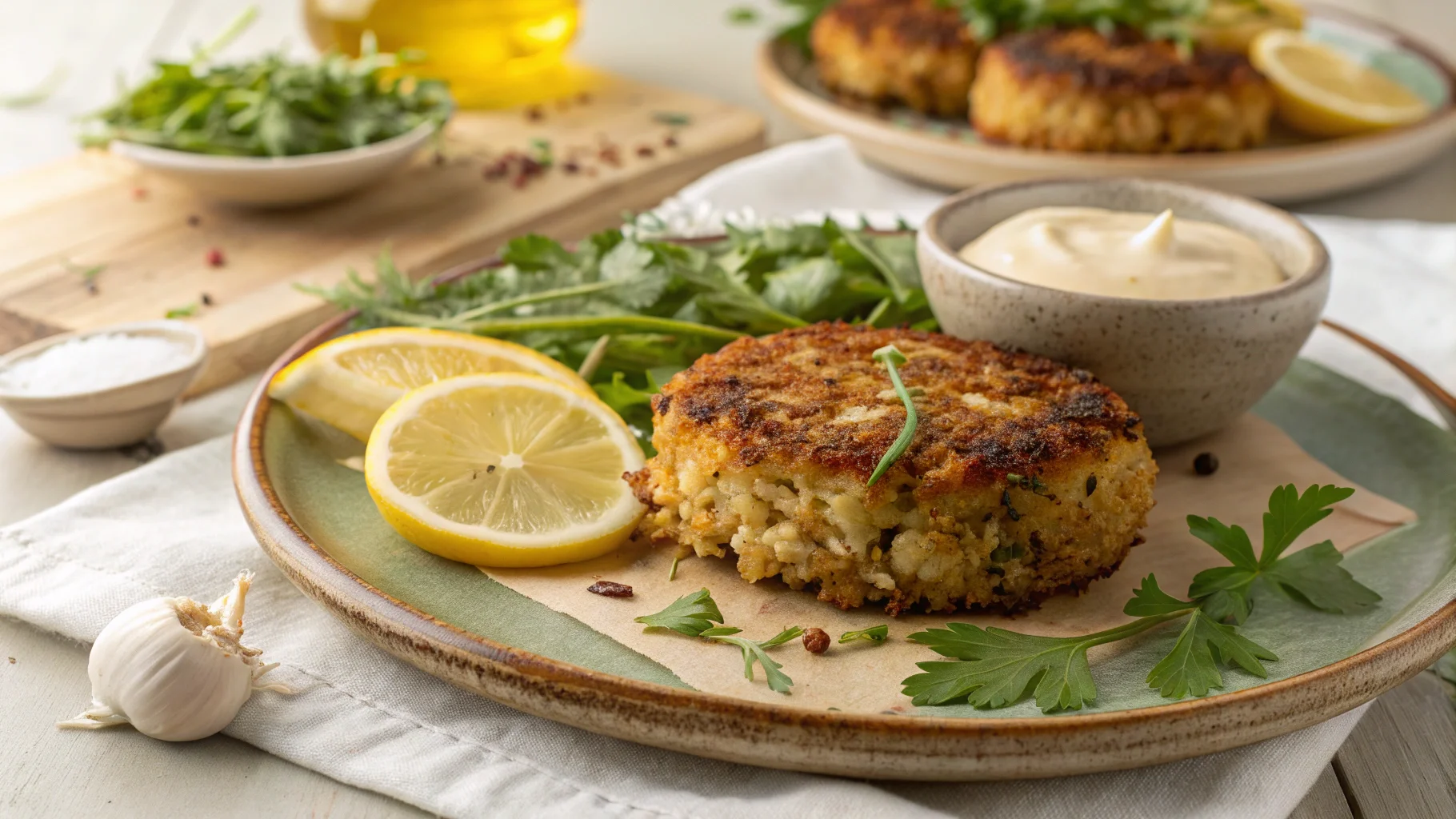 A golden-brown vegan mushroom patty served on a ceramic plate with fresh arugula, lemon slices, and a small bowl of creamy dipping sauce. The patty is crispy on the outside and appears tender and moist on the inside. Garnished with parsley and placed on parchment paper for presentation.