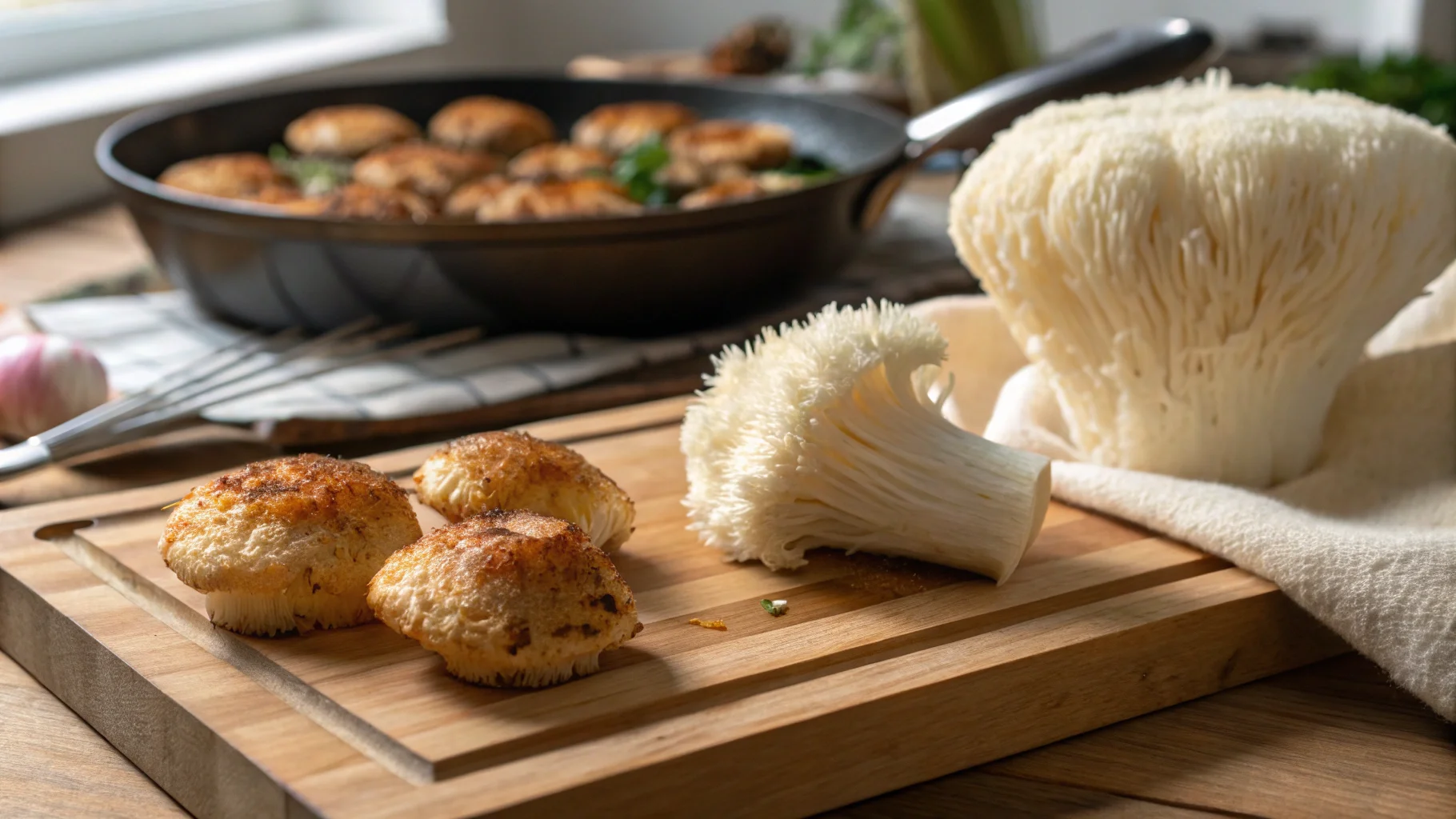 Fresh lion’s mane mushrooms on a wooden cutting board with some grilled pieces in the foreground and a pan of sautéed mushrooms in the background.