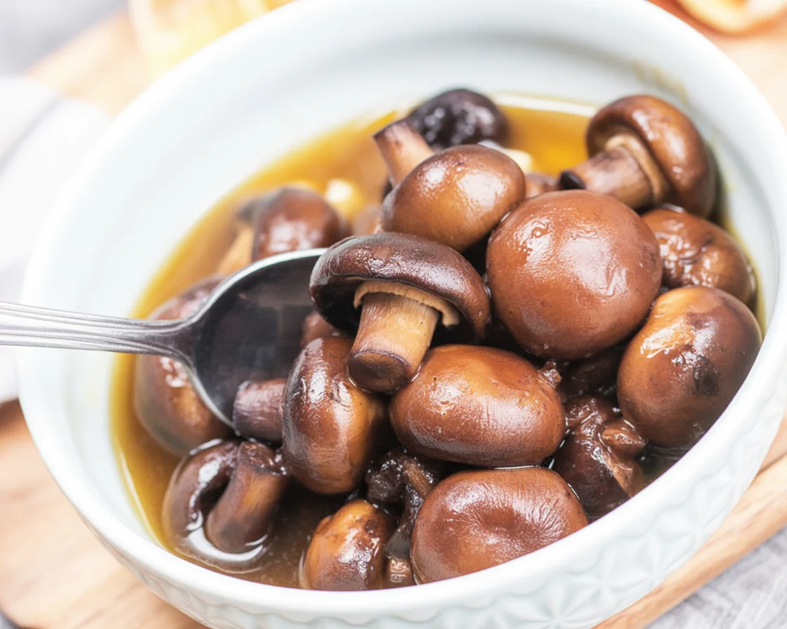 A white ceramic bowl filled with whole cooked mushrooms in a rich brown broth, with a spoon resting inside.