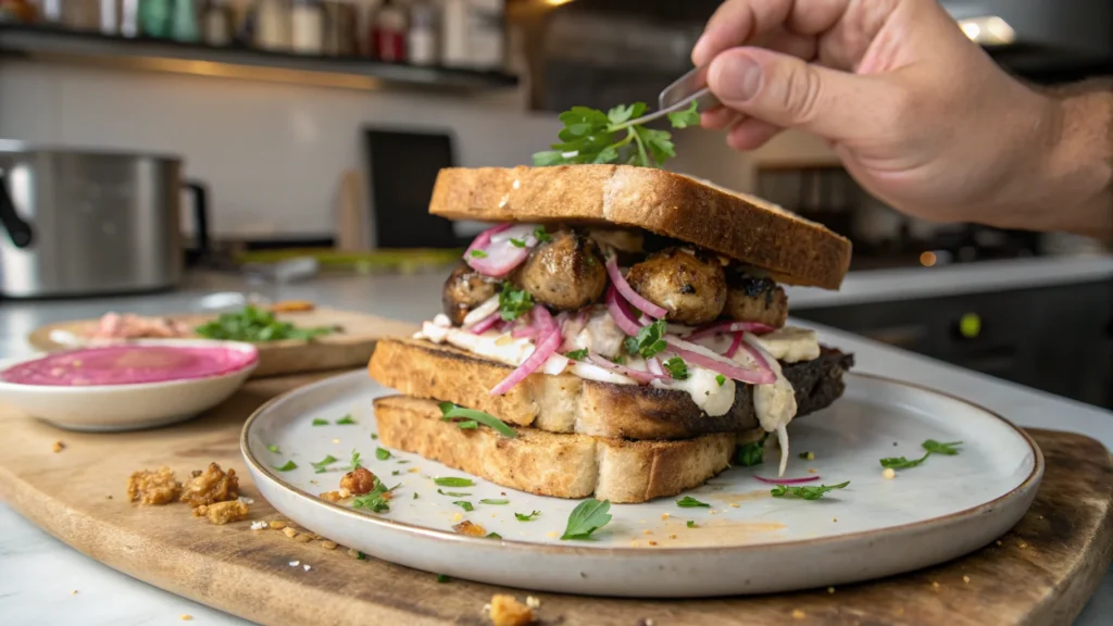 A large gourmet sandwich stacked with toasted bread slices, grilled meatballs, creamy sauce, pickled red onions, and garnished with fresh herbs, being delicately topped with parsley by hand in a modern kitchen setting.